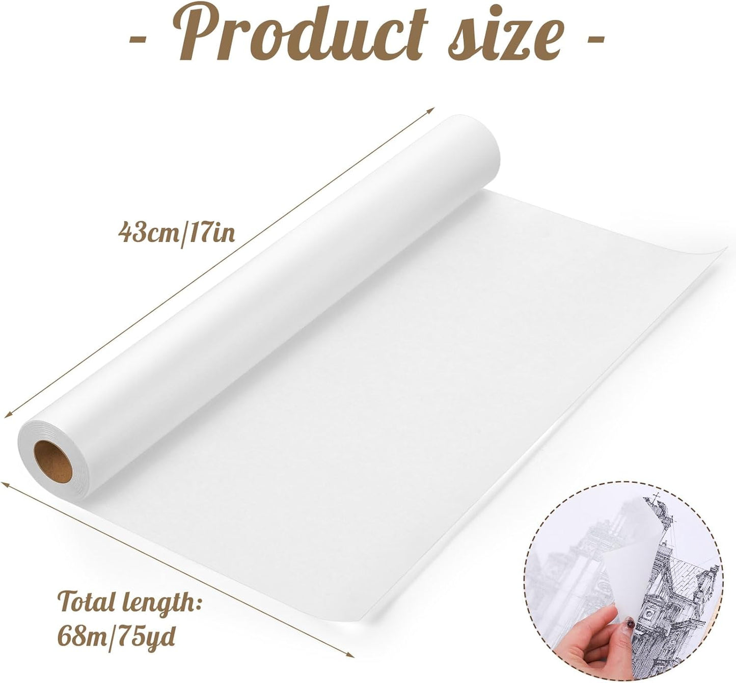 Tracing Paper Roll 17in x 75yd, White Trace Paper Pattern Paper Translucent Tracing Paper for Sewing, Drawing, Sketching, Gift Wrapping