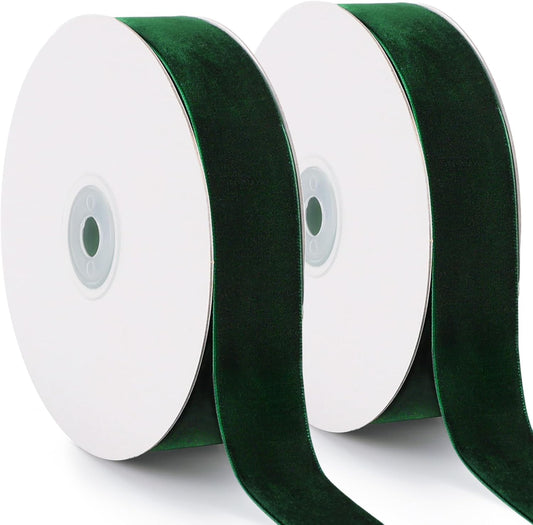 Dark Green Velvet Ribbon, 1 Inch x 20 Yards Single Faced Green Ribbon for Gift Wrapping, Bow Making, Christmas Tree Decorations, Wreath Making and DIY Crafts (10 Yards Each Roll)