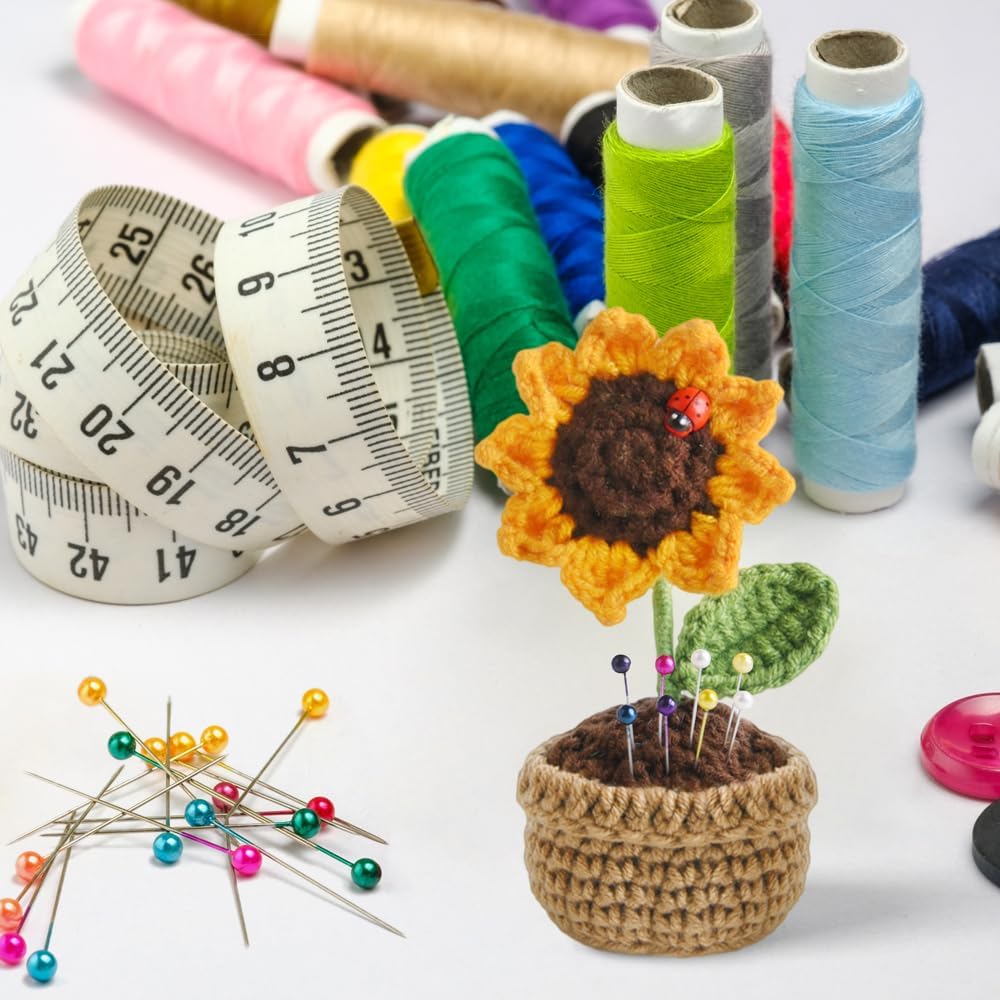 Sunflower Pin Cushion, Handmade Knitted Pincushions, Cute Pin Cushions Needle Holders for Sewing Quilting Accessory, DIY Crafts or Patchwork Decor.Flowerpot Design Sunflower