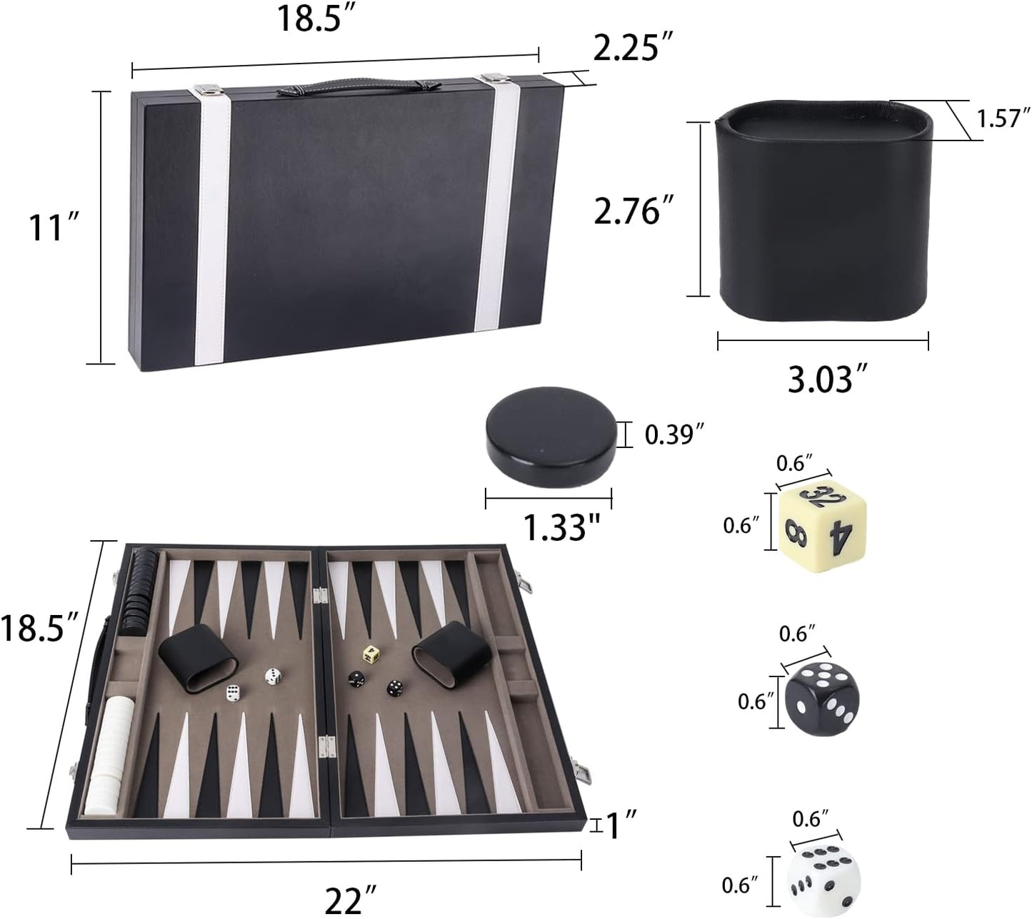 GSE Games & Sports Expert Premium Leather Backgammon Board Game Set, Classic Backgammon Game Set with Leather Case, Travel Folding Board Game (Black&Grey, Large)