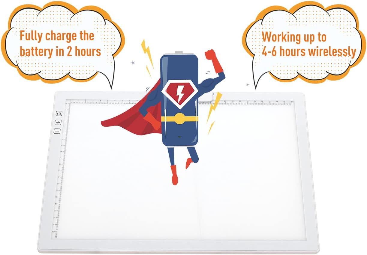 Rechargeable A4 LED Light Pad with Padded Case, YINGWOND Tracing Light Box w/Riser Stands and Paper Clip, 6 Levels of Brightness, Type-c Cable, Wireless Diamond Painting Light Board White