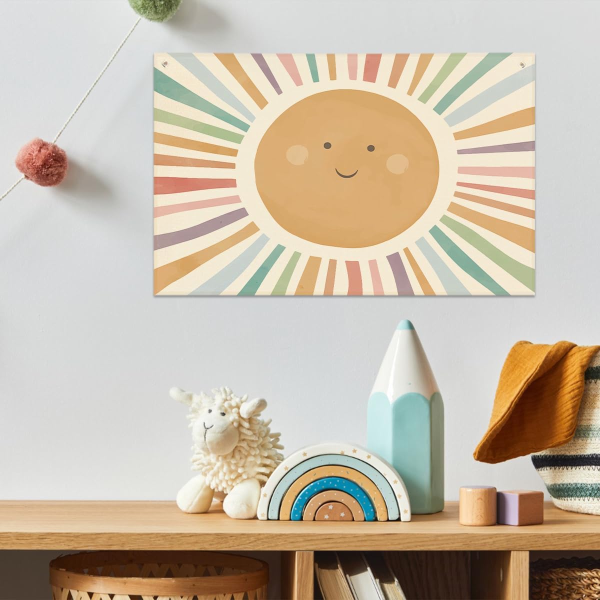 Watercolor Sun Banner Playroom Decor Banner Canvas 21 in x 33 in Hanging Flag Perfect for Kids Nursery and Playroom Wall Decor Stylish Room Decor for Boys and Girls