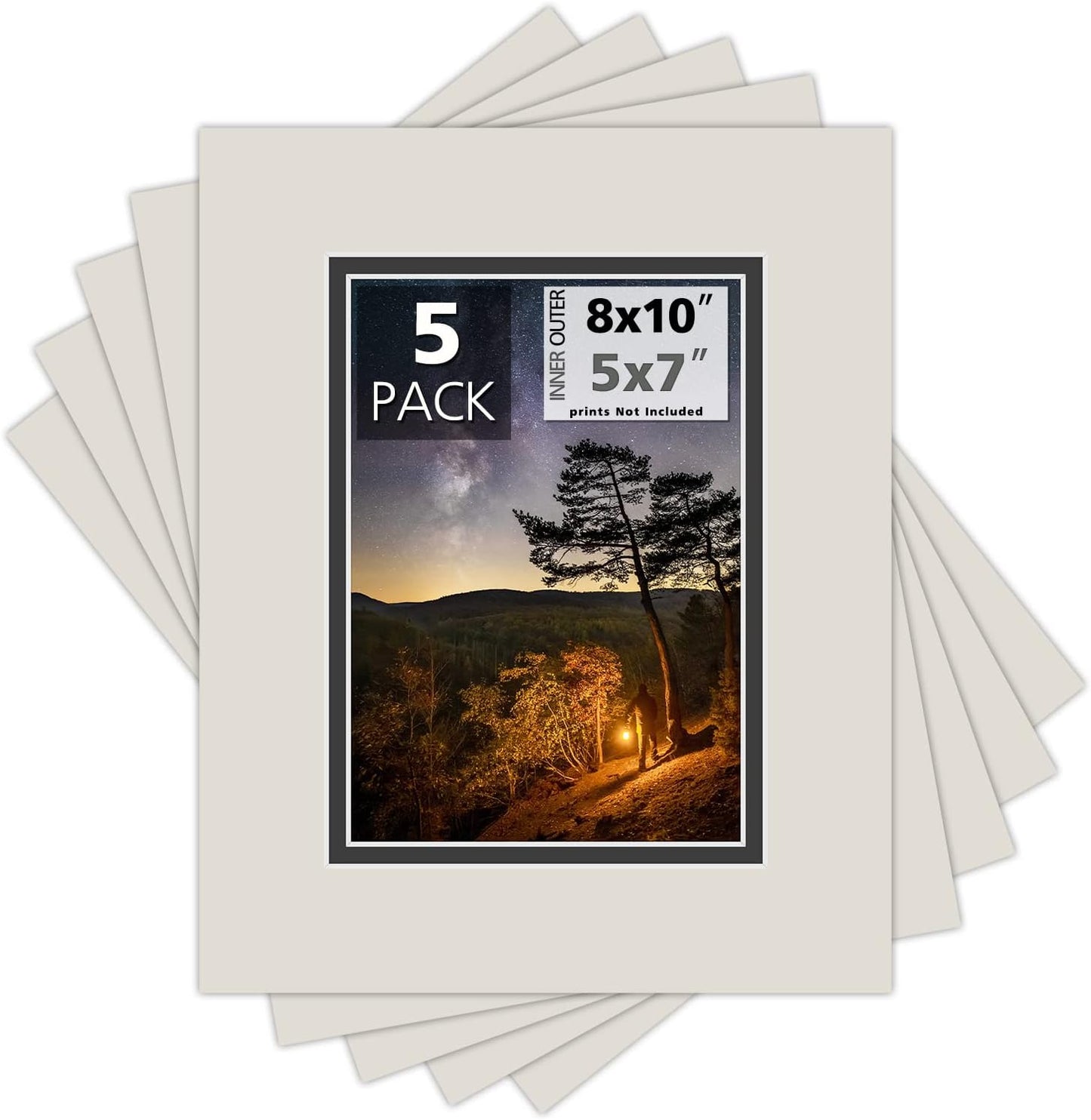 Mat Board Center, Double Mat - Acid Free, 8-ply Thickness, White Core - for Pictures, Photos, Framing (Gray Over Black, 8x10 for 5x7, Pack of 5)