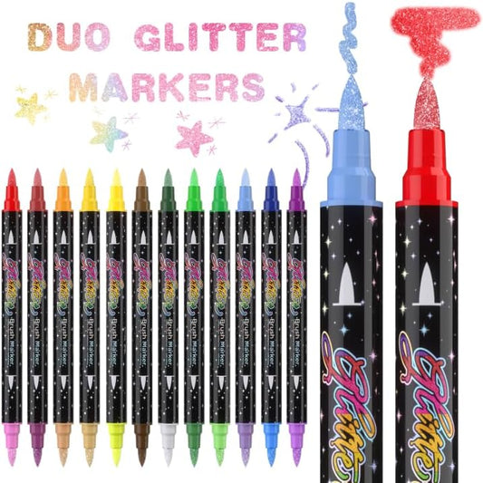 24 Colors Dual-tip Watercolor Markers, 12 Pack Glitter Brush Markers, Water-based Ink Sparkle Pen,Glitter Paint Pens for Adults Coloring,DIY Crafts,Doodle Writing, Art Crafts Gifts