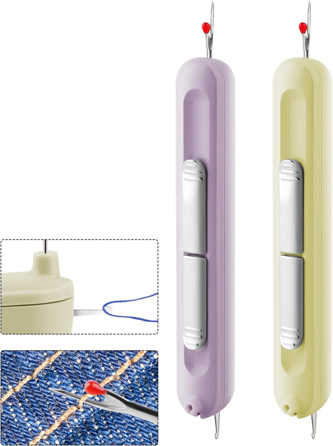 Needle Threaders, 2 in 1 Plug-in Needle Threader Seam Ripper Tool, Automatic Stretchable Seam Rippers for Sewing, Hand Quilling Supplies,Embroidery Stitch Removal (Purple/Yellow)