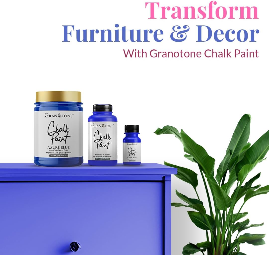 GRANOTONE Chalk Paint for Furniture, Matt-Finish Water-Based Acrylic Paint for Wood, Walls, Metal, Glass, Paper, Fabric Canvas, Maximum Coverage Chalk Paint for Kids & Adults, 250 Ml (AZURE BLUE)