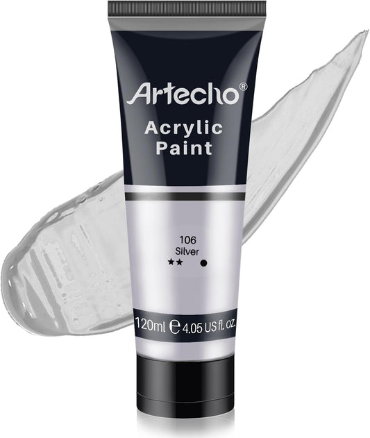 Artecho Silver Acrylic Paint, Silver Paint (120ml / 4.05oz) Tubes, Art Craft Paints for Canvas, Rock, Stone, Wood, Fabric, Art Supplies