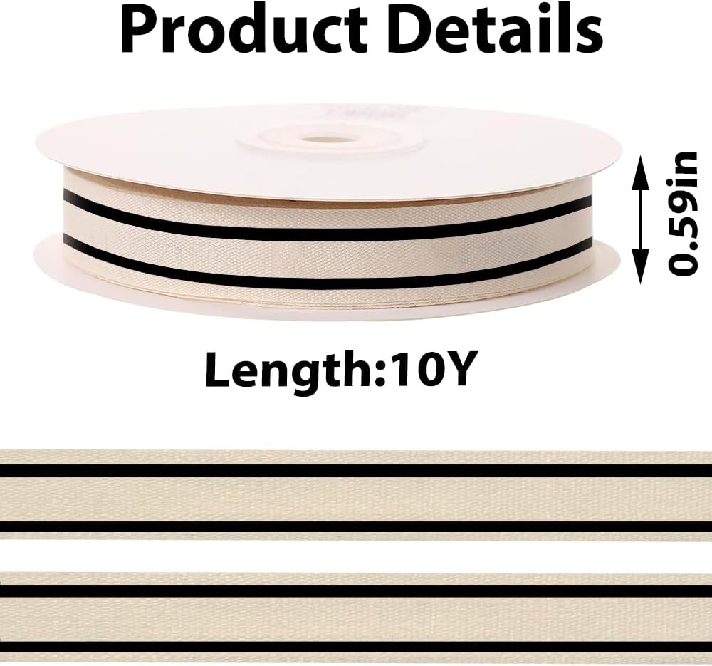 10 Yards × 3/5 Inch Black Natural Cotton Ribbon, Double Sided Webbing Straps Ribbons, Birthday Wedding Valentines Ribbons for Crafting, DIY Sewing, Gift Wrapping