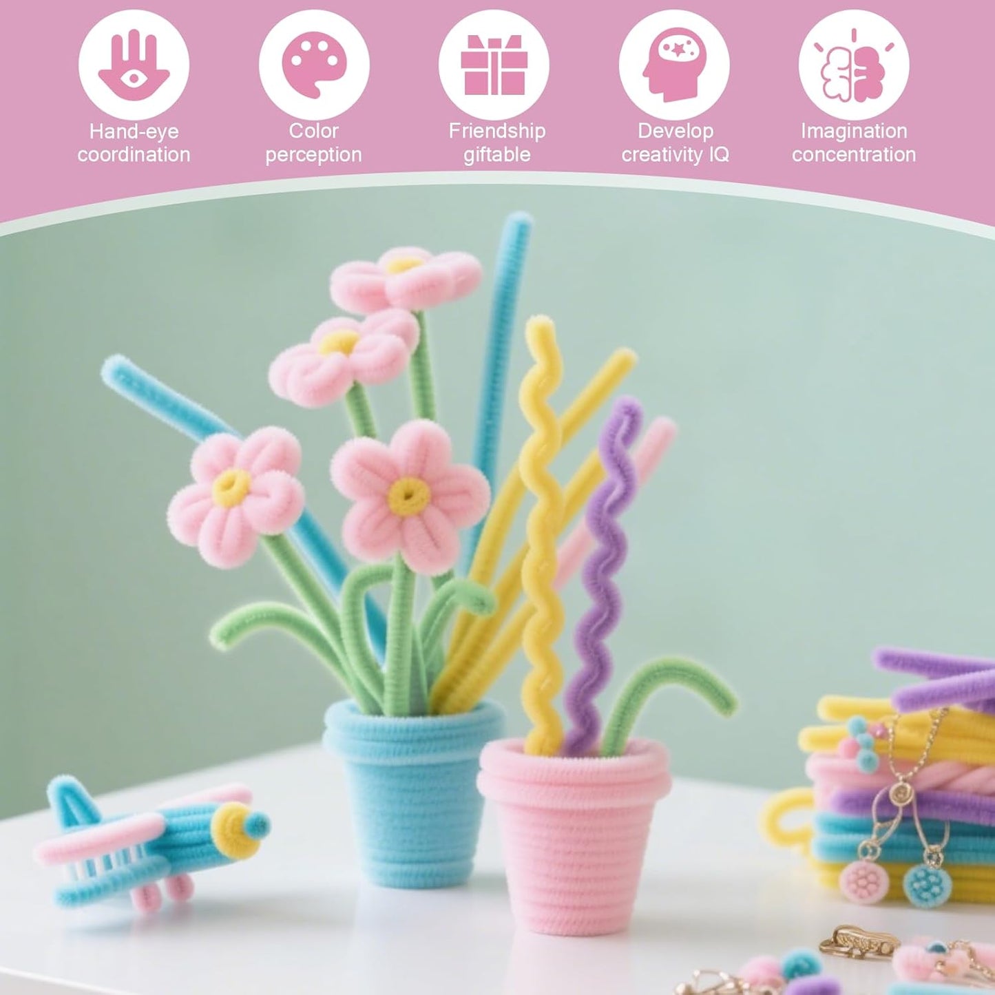 Rarapop 300 Pcs Thick Pipe Cleaners Craft Supplies, 12 Inch Multi-Color Chenille Stems for Art and Craft Projects Creative DIY Decorations(6 mm, 7 Colors)