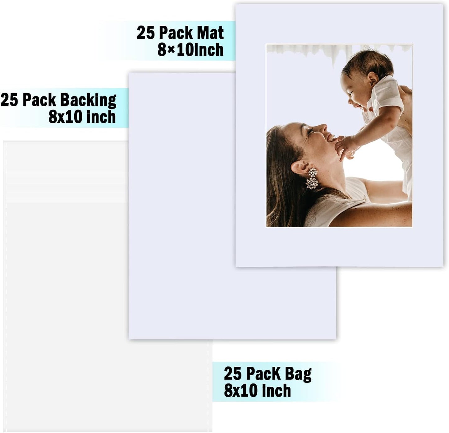 Egofine Pack of 25 White Mat Board Pre-Cut 8x10 Picture Mat for 5x7 Photo with White Core Bevel Cut Mattes Sets. Includes 25 High Premier Acid Free Mats & 25 Backing Board & 25 Clear Bags