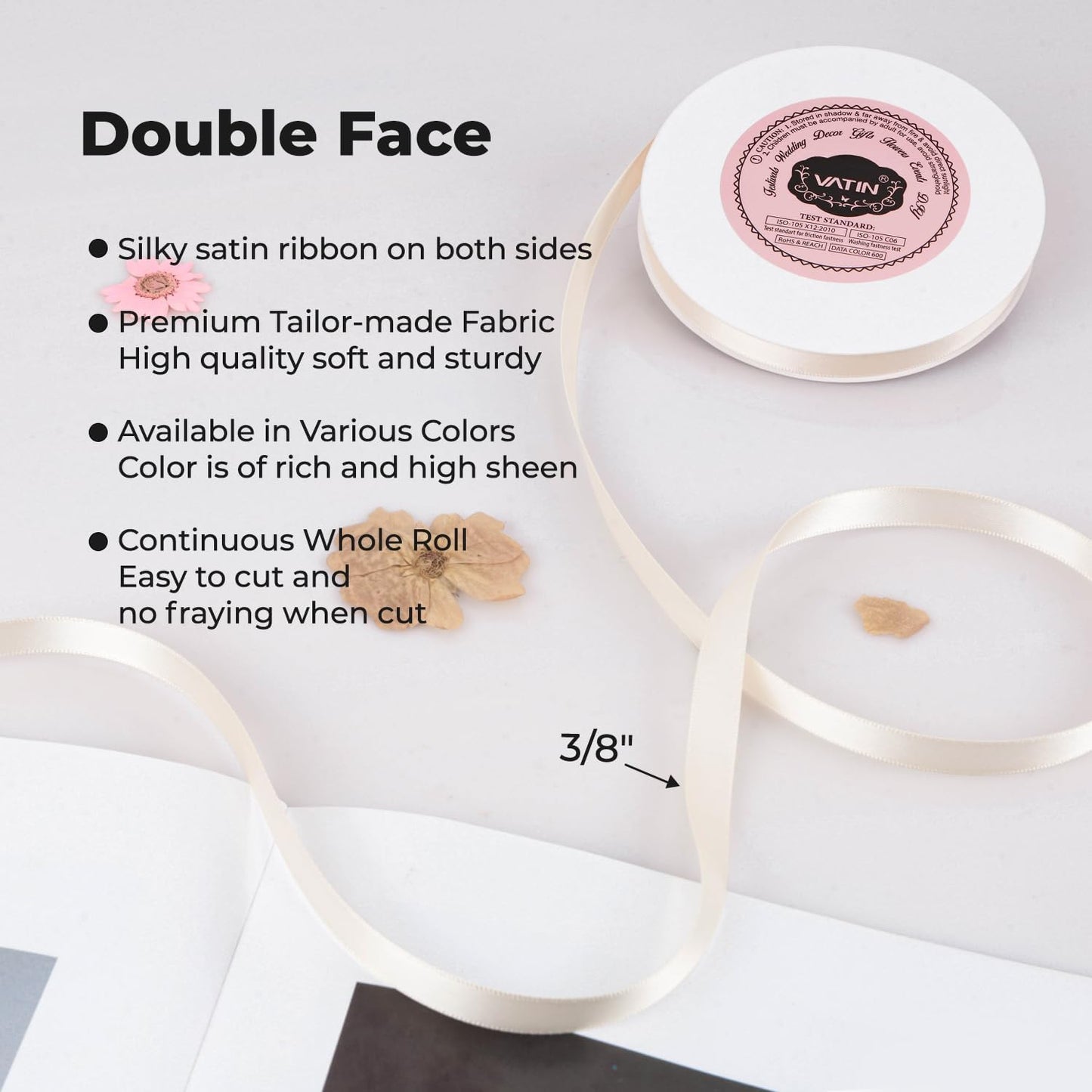 VATIN Double Face Cream Satin Ribbon 3/8" Continuous 50 Yards,Cream Polyester Fabric Ribbon use for Bows Bouquet, Gift Wrapping, Floral Arrangement Wedding Decoration