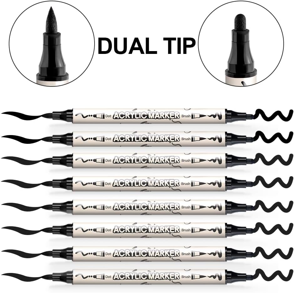 TRANSON 8 Pack Black Brush and Bold Dual-tip Acrylic Paint Marker for DIY Glass Canvas Wood Leather Ceramic Rock Painting