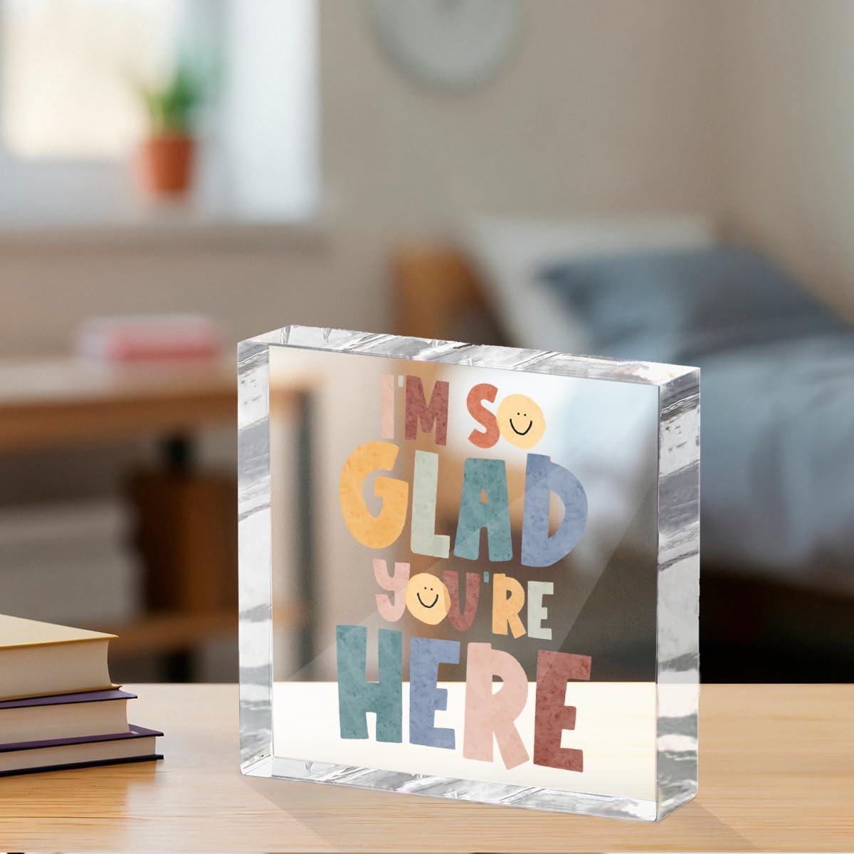 Positive Affirmation Desk Decor Acrylic Sign 4X4 Inch, Motivational Smile Face Desk Decorative Signs for Shelf Tabletop Cubicle Room Office, Welcome Gifts for Women Men Friends