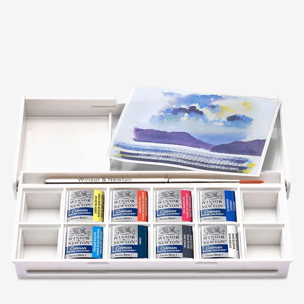 Winsor & Newton Cotman Watercolor Paint Set, 8 Half Pan, Sky Colors w/ Brush