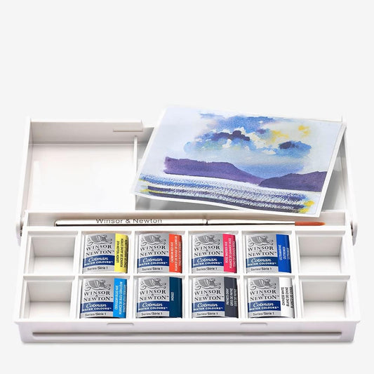 Winsor & Newton Cotman Watercolor Paint Set, 8 Half Pan, Sky Colors w/ Brush