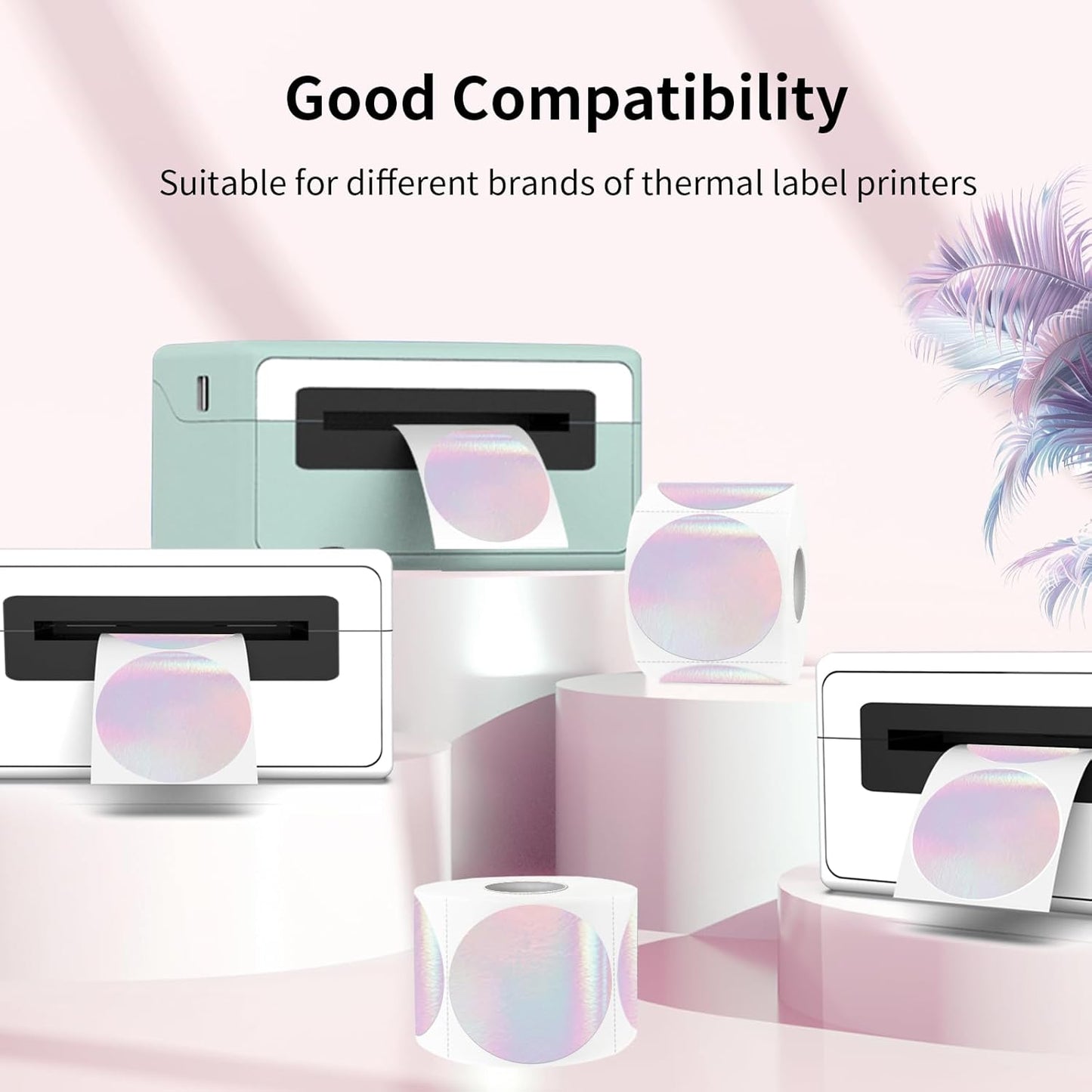 2" Round Transparent Thermal Label Stickers, Clear Direct Thermal Labels Holographic Pink, Perforation Line Design- 300 Sheets