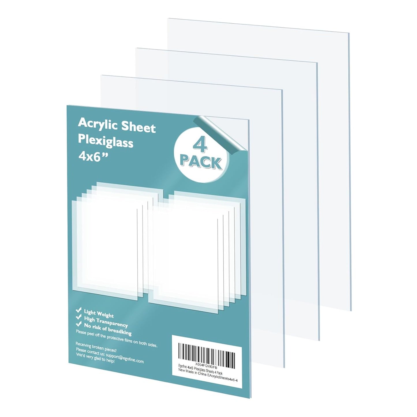 Egofine Plexiglass Sheets Acrylic Sheets 4 Pack of 4x6’’ 0.04 Thick Clear Plastic Cast Transparent Plexi Glass for Crafting Projects, Replacement Picture Frame Glass, DIY Display, Easy to Cut