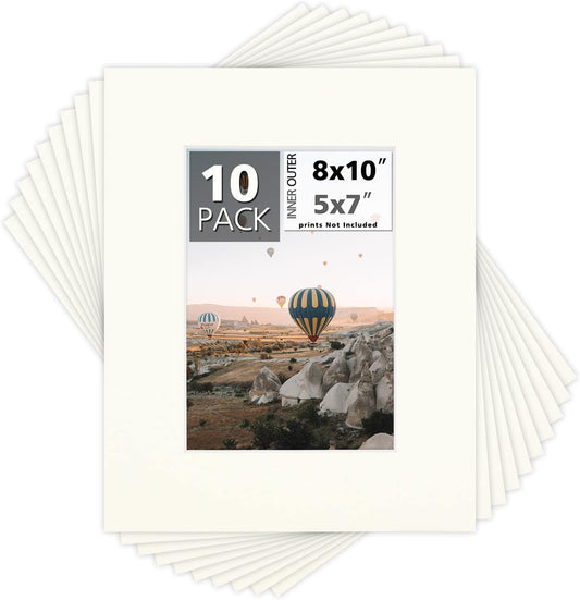 Mat Board Center, Pack of 10, 8x10 for 5x7 Ivory Turret Color Mats - Bevel Cut, Acid Free, 4-ply Thickness, White Core - for Pictures, Photos, Framing