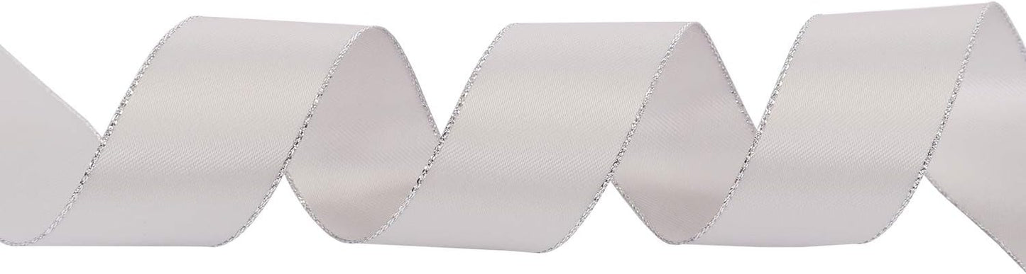 ITIsparkle 1" Inch Double Faced Satin Ribbon 25 Yards with Silver Edges, 1" X 25Yd - Shell Grey