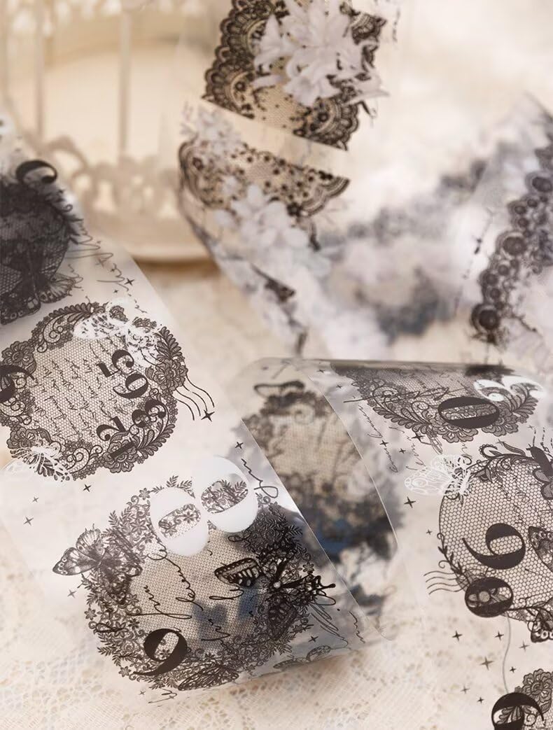 3pcs Vintage Lace Tape Cutout Art Lace Black White Stickers Roll Sticker PET Reusable Exquisite Lace Butterflies Floral Pattern Tape for DIY Scrapbook Album Journal Photo Frames Decor