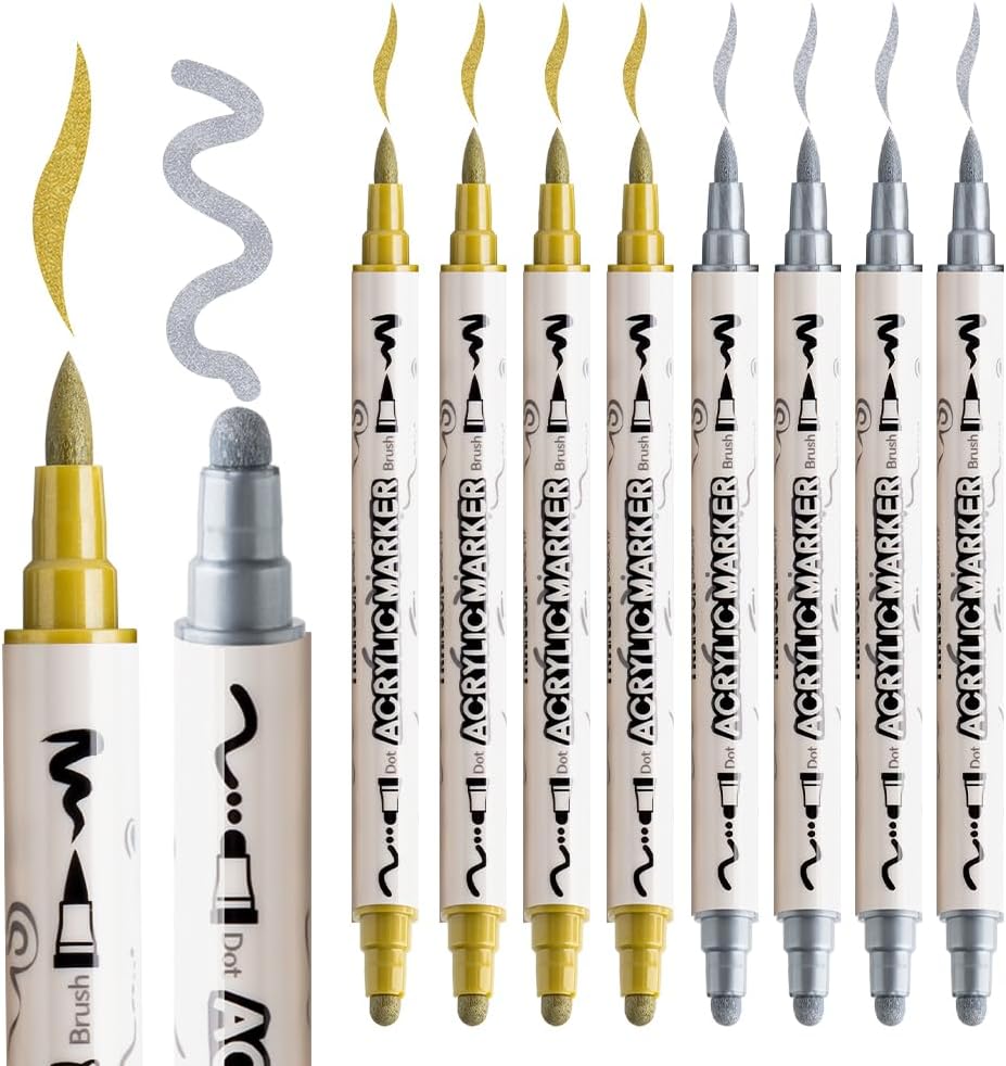 TRANSON 4 Silver and 4 Gold Paint Markers Brush and Bold Dual-tip Acrylic Paint Marker Set for Rock Painting Glass Canvas Wood Leather Ceramic Painting