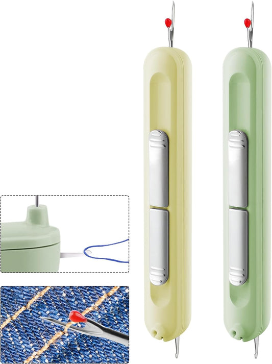 Needle Threaders, 2 in 1 Plug-in Needle Threader Seam Ripper Tool, Automatic Stretchable Seam Rippers for Sewing, Hand Quilling Supplies,Embroidery Stitch Removal(Green/Yellow)