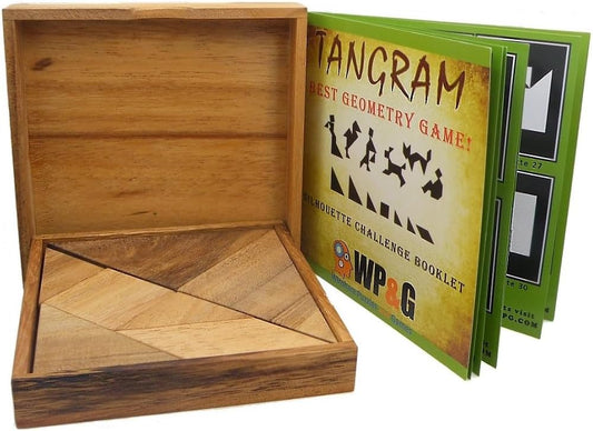 Tangram Wooden Puzzle Geometry Game, with 48 Silhouette Tangrams Challenge Booklet