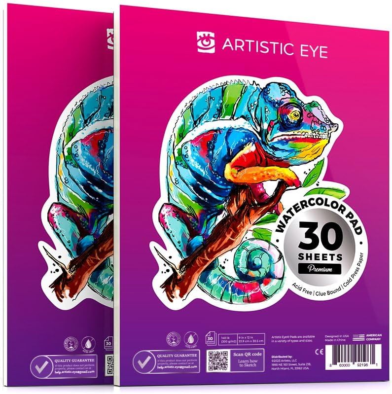 ARTISTIC EYE 9x12” Premium Watercolor Pads, Pack of 2 (60 Sheets), Glue Bound, 140lb (300gsm), Acid-Free Paper, Perfect for Most Wet & Dry Media, Ideal for Beginners, Artists & Professionals