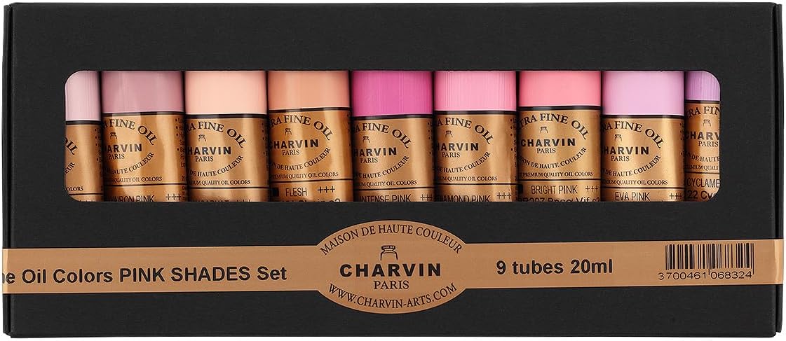 Charvin Extra Fine Professional Artist Oil Paint Set of 9 Shades of Pink - 20ml - Triple-Milled for Smoothness, Rich Texture, Poppy Oil-Based, Light-Fast, Handmade Oil Color Paints for Professionals