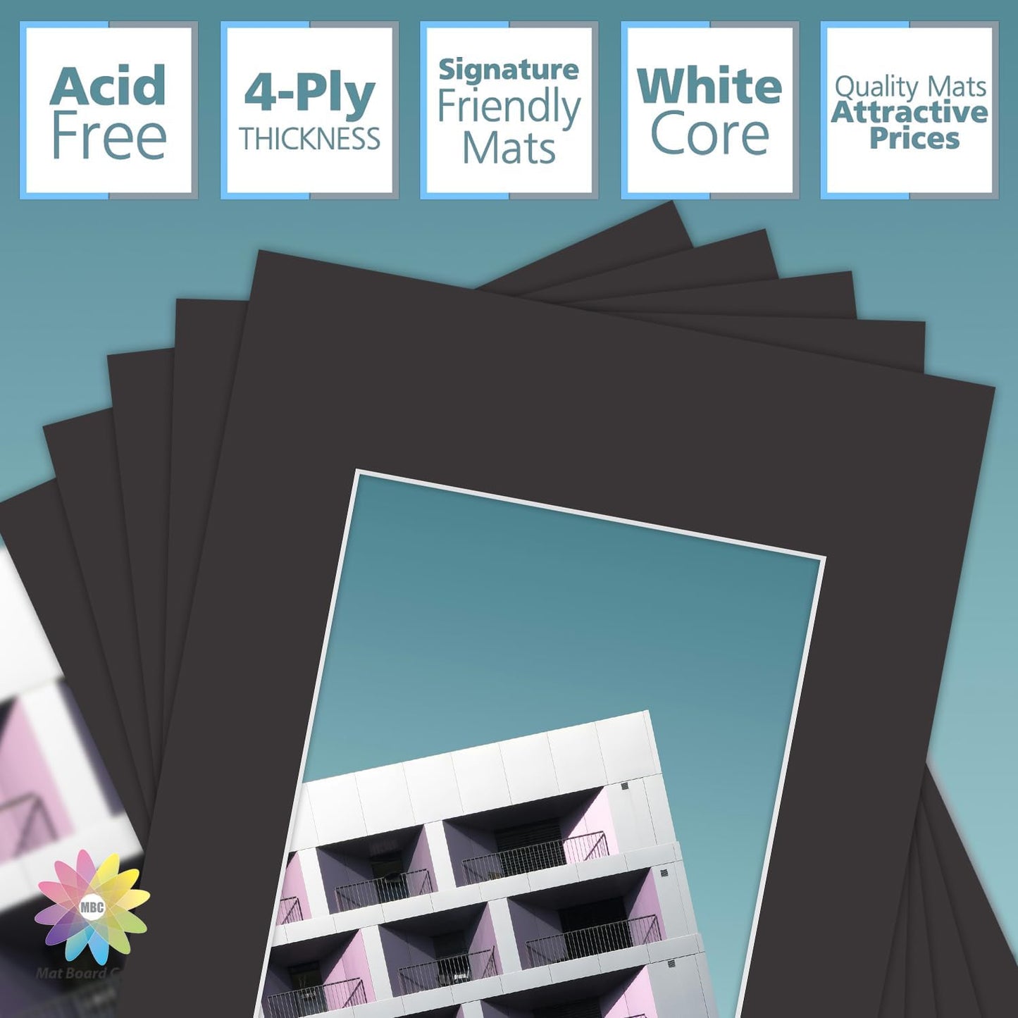 MBC Mat Board Center, 5 Pack 12x16 for 8x10 Black Picture Mats Frame Mattes, Bevel Cut, Acid Free, 4-ply Thickness