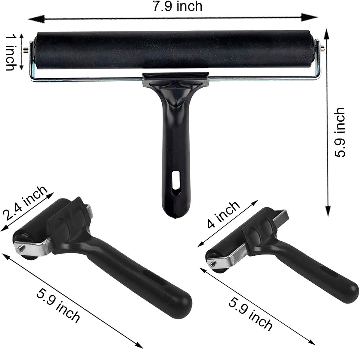 3 Pack Printmaking Brayers - Premium Brayer Rollers for Crafting, Hard Rubber Roller Brayers, Vinyl Roller Ink Paint Brush for Wallpapers Stamping Gluing Application (2.4’’, 4’’, 7.9’’) (Black)