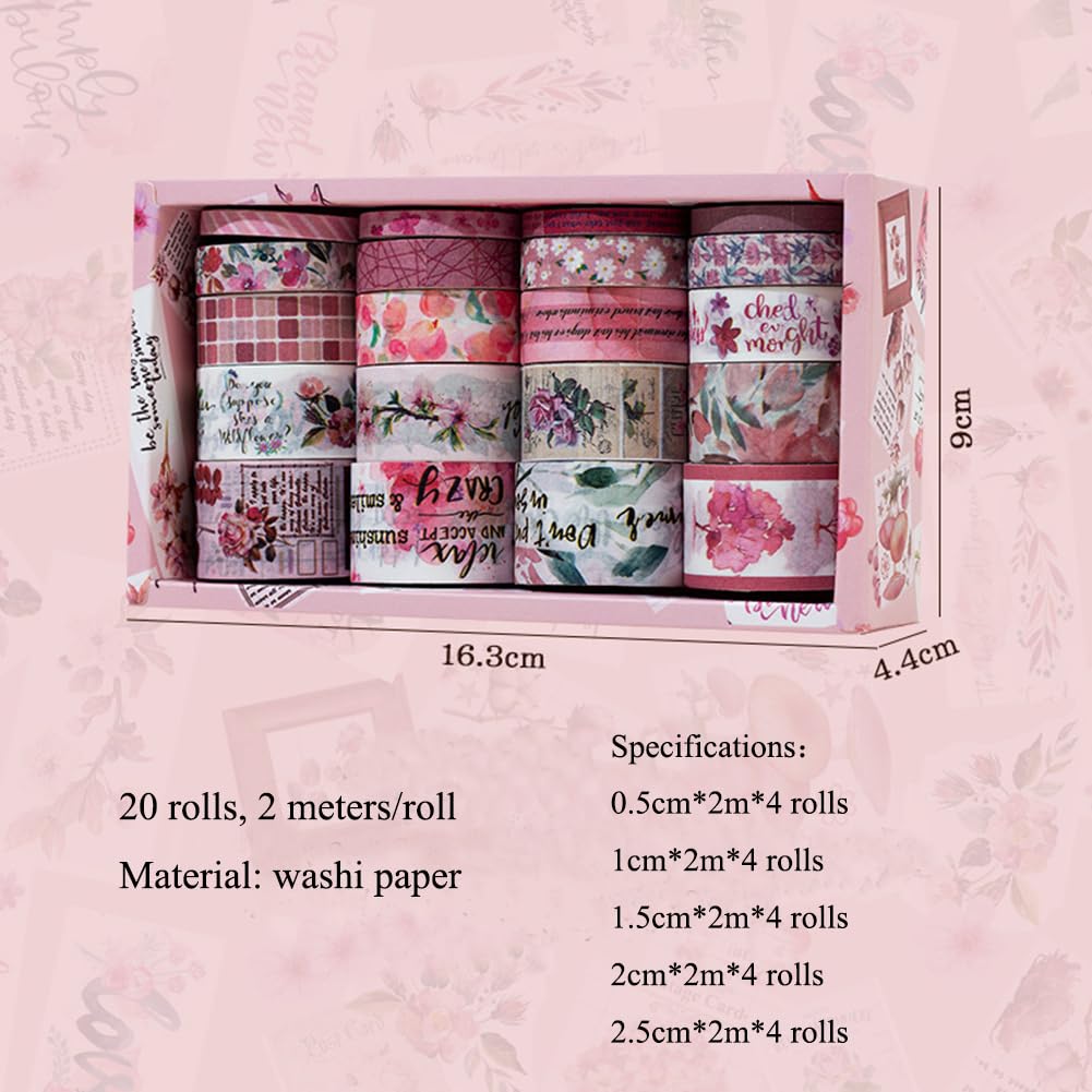 MAFELOE Decorative Vintage Washi Tapes Set 20 Rolls 2 Meters Long, Adhesive Scrapbook Junk Journaling Art Craft Collage Supplies-Forest Dream Series-Pink (WT-M4-SLMJ)