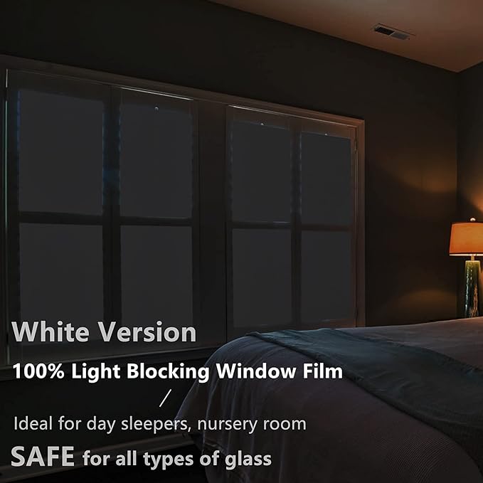 FEOMOS White Total Blackout Window Film, Static Cling Blackout Window Clings, 100% Light Blocking Film, Room Darkening Window Cover for Privacy Day Sleep Sun Blocking 17.3x78.7 inches