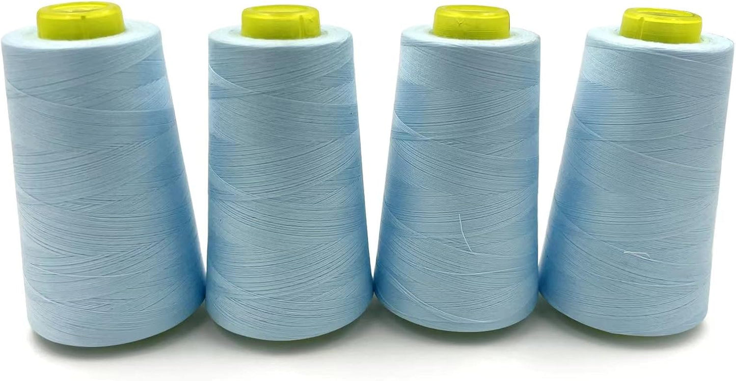 Tortoise 4 Cones of 3000 Yards Each Spool Thread for All Purpose, Serger, Overlock, Quilting, Sewing Machine - 100% Polyester - Light Blue