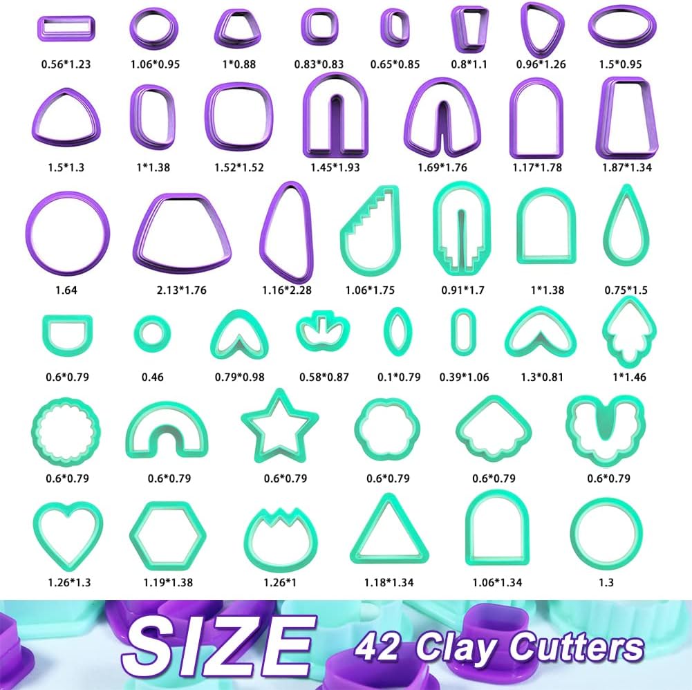 PTFJZ Polymer Clay Cutters for Earring Making - 160pcs Clay Tools Set with Earrings Accessories, 42+8pcs Different Shape Plastic Clay Cutters (Style B- Green+Purple)