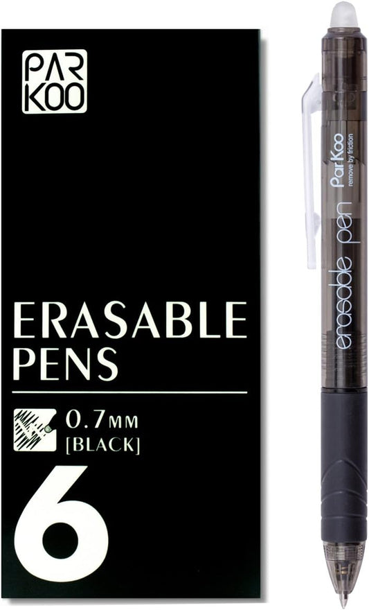 ParKoo Retractable Erasable Gel Pens Clicker, Fine Point, Make Mistake Disappear, Black Ink for Note Taking and Crossword Puzzles, 6-Pack