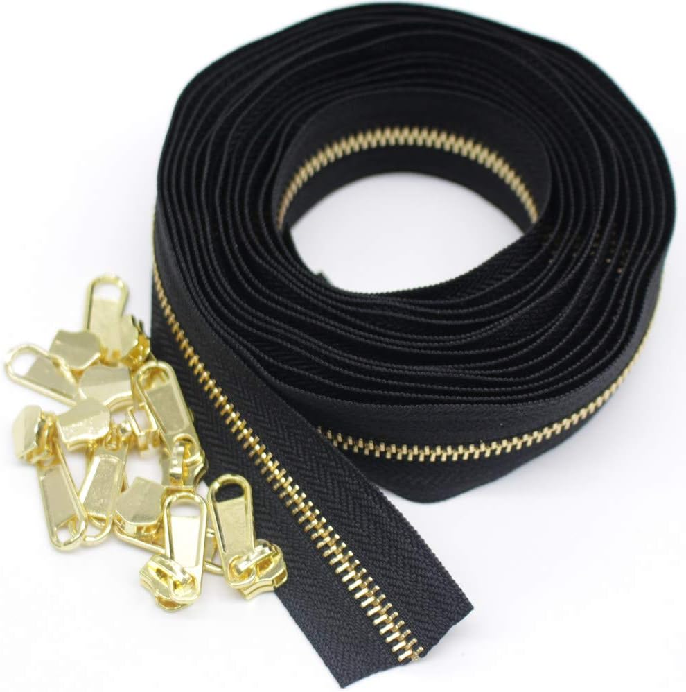 YaHoGa #5 Metal Zippers by The Yard Bulk 4 Yards + 10 pcs Sliders for Bags DIY Sewing Tailor Crafts (Gold Teeth)