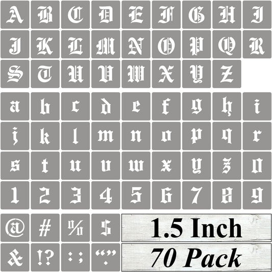 1.5 Inch Alphabet Letter Stencils for Painting - 70 Pack Old English Letter Stencil Templates with Numbers and Signs for Painting on Wood, Reusable Letter Stencils for Chalkboard Wood Signs & Wall Art