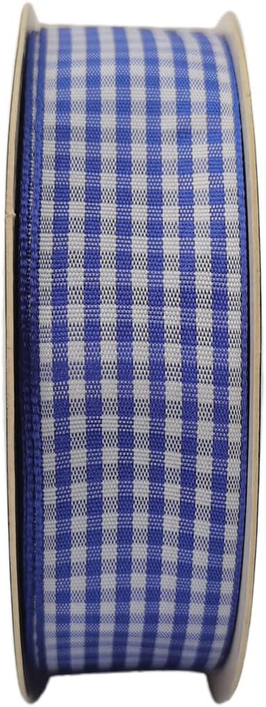 Blue and White Gingham Ribbon Plaid Ribbon 25 Yards Each Roll 100% Polyester (1", Blue)