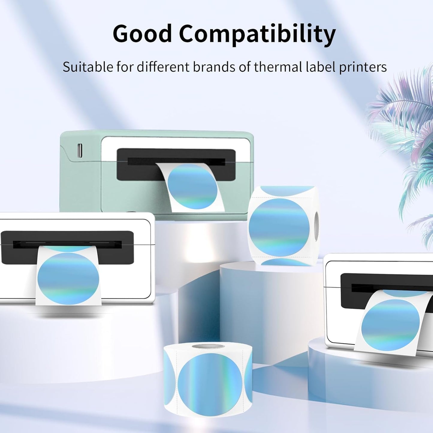 2" Circle Holographic Thermal Label Stickers Blue, Round Printable Rainbow Glitter Thermal Printer Sticker Labels for Gift Wrapping, Self-Adhesive Name Price Tag DIY Custom Logo Design