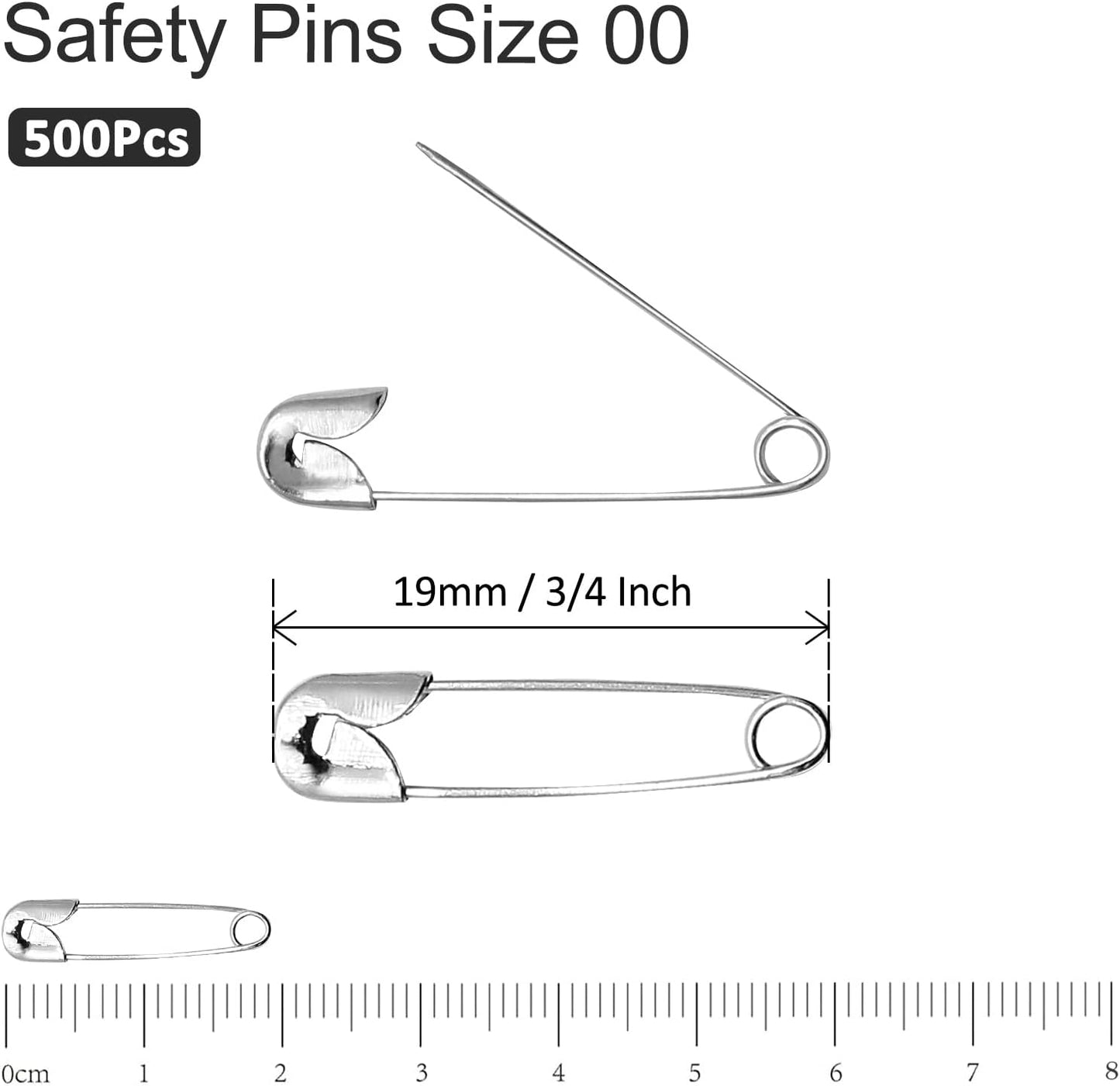 500 PCS 19mm Safety Pins - Heavy Duty Quilting Pins, Mini Size 00, Silver Metal for DIY Crafts, Jewelry Making, Baby Clothing