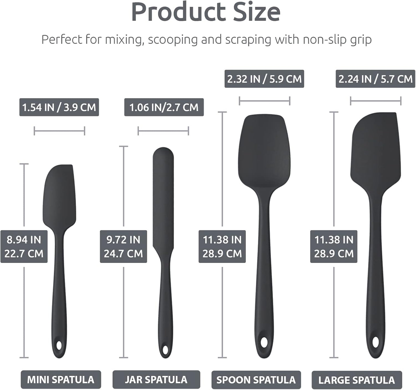 Heat Resistant Silicone Spatula Set: U-Taste 600ºF High Temp Seamless Food Grade Utensil, Flexible Rubber Silicon Kitchen Cooking Mixing Baking Scraper for Nonstick Cookware Set of 4 (Black)