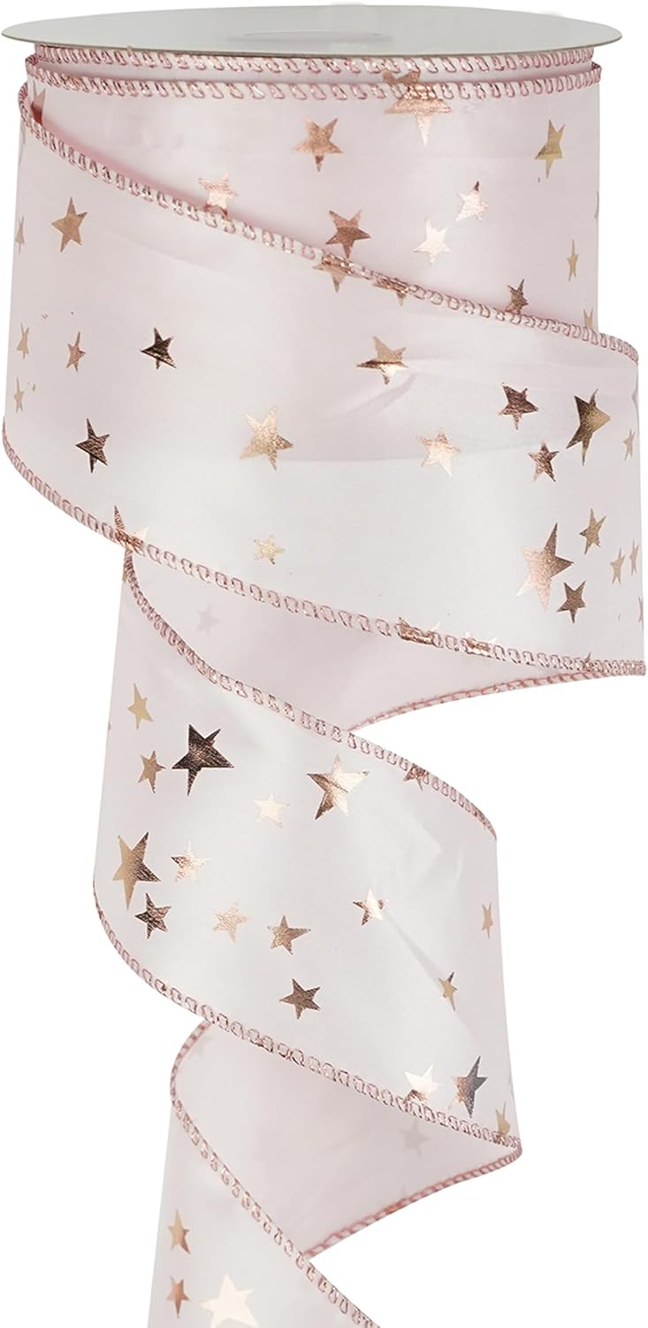 MEEDEE Rose Gold Star Satin Wired Ribbon - 2.5 Inch Pink Wedding Ribbon - 25 Yards Roll Christmas Decor