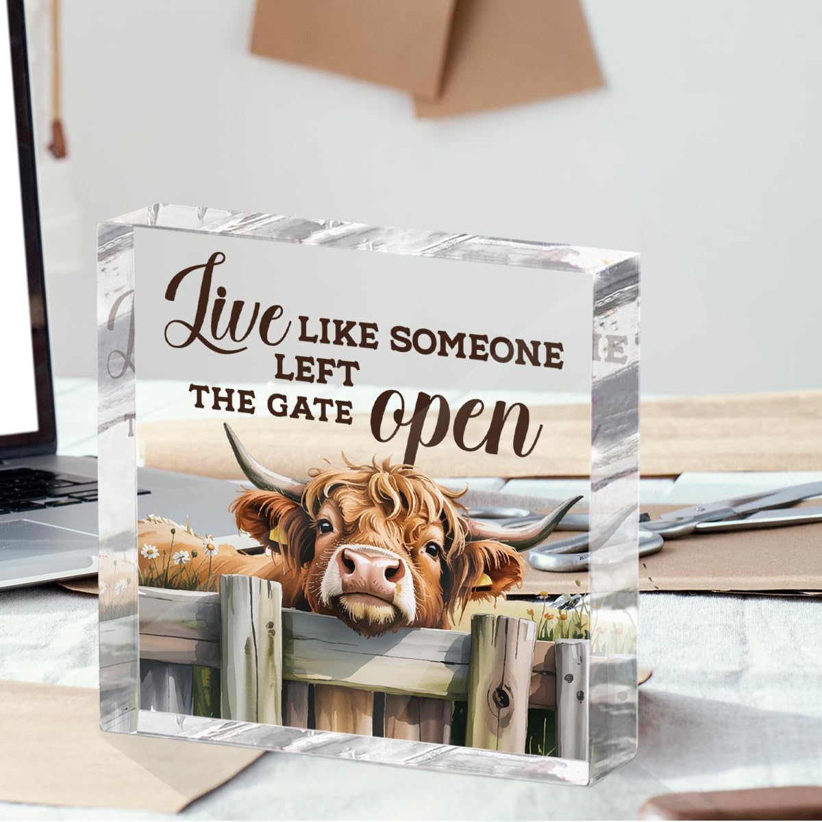 Cute Cow Decorative Signs, Rustic Western Animal Office Desk Decor Acrylic Sign 4x4 Inch, Desk Accessories Signs for Bathroom Cubicle Farmhouse Kitchen, Cow Gifts for Women Friend