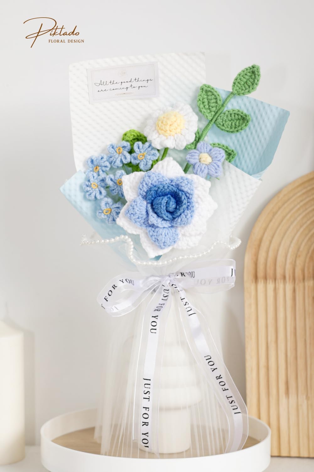 Hand-Woven Flower Bouquet Finished（1pcs） for Valentine's Day Girlfriend Birthday Gift Wedding Decoration Crochet Artificial Flower, Bouquet Gift (Blue)