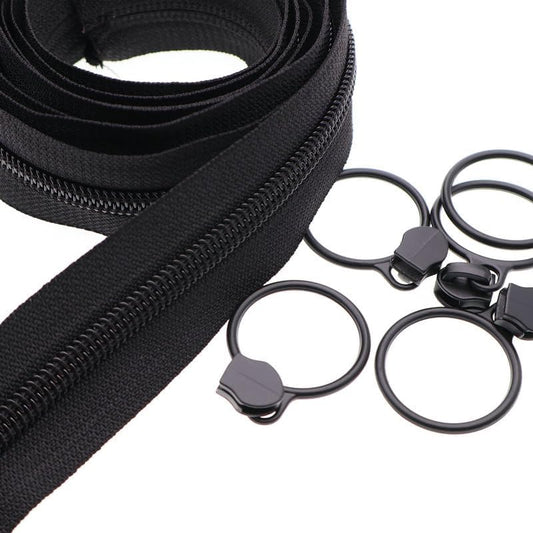 Leekayer #5 Black Nylon Coil Zippers by The Yards Bulk 10 Yards with 25pcs Black Ring Pull Sliders for DIY Tailor Sewing Craft,Luggage,Dress,Sofa Cushion,Pillow,Bag