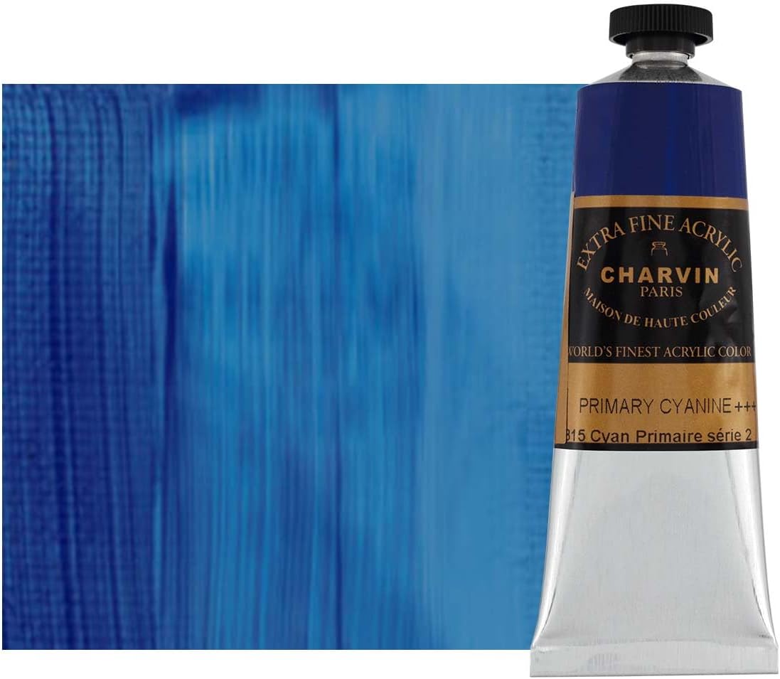 Charvin Extra Fine Professional Acrylic Paint - Primary Cyan, 60ml Tube, Triple-Milled, Lightfast Pigments, Open Stock Artist Acrylic Paints in Nature-Inspired Hues