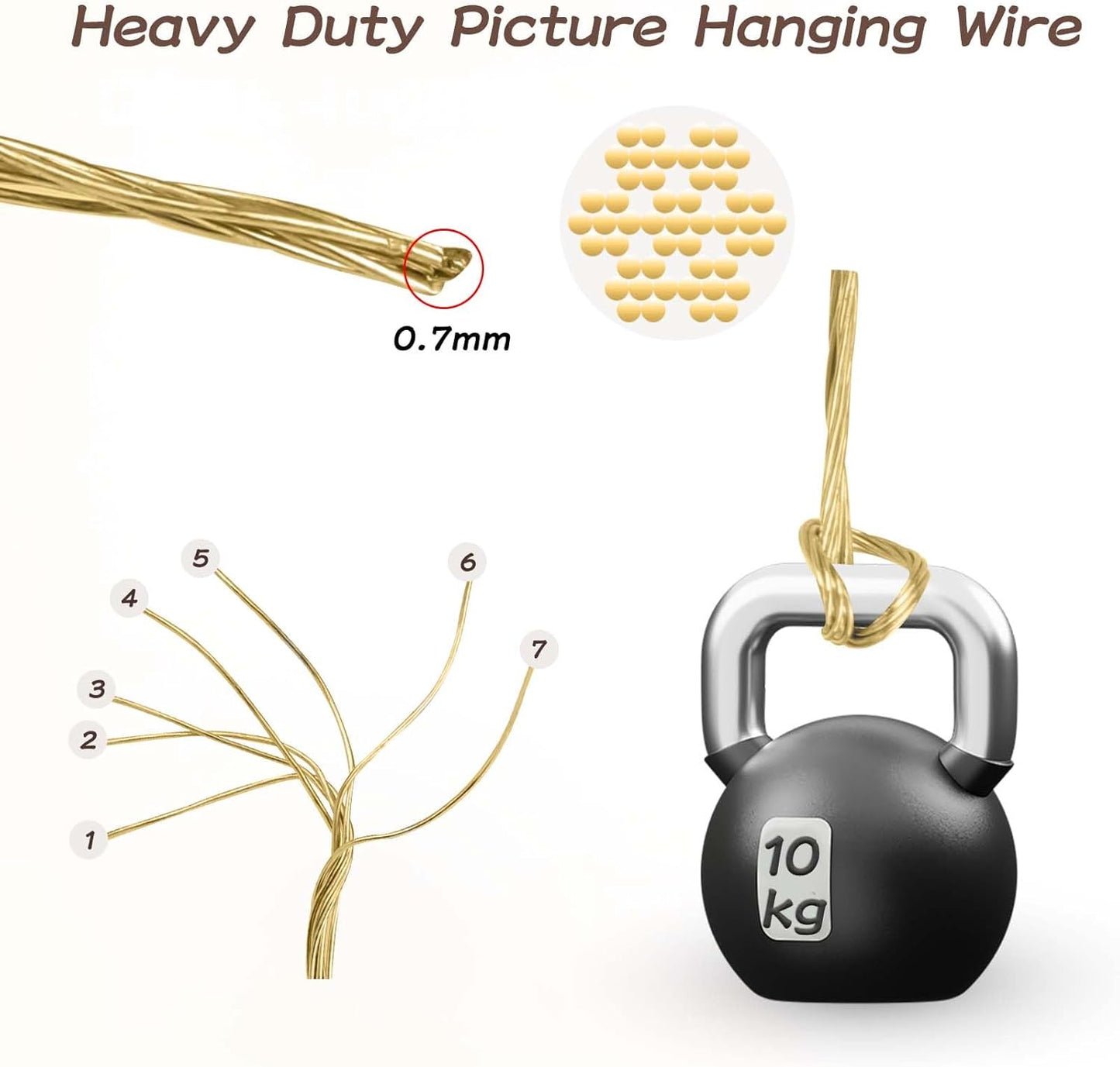 Picture Hanging Brass Wire 20 Feet Braided Picture Wire Multi-Stranded Metal Wire for Artwork, Mirrors, Clocks, Golden