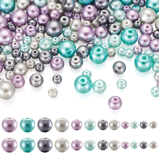 About 1840Pcs 4/6/8mm Glass Pearl Beads Pearlized Beads Multi Colors Round Spacer Beads for DIY Craft Jewelry Making Hole: 1mm, Mixed Purple & Grey & Turquoise