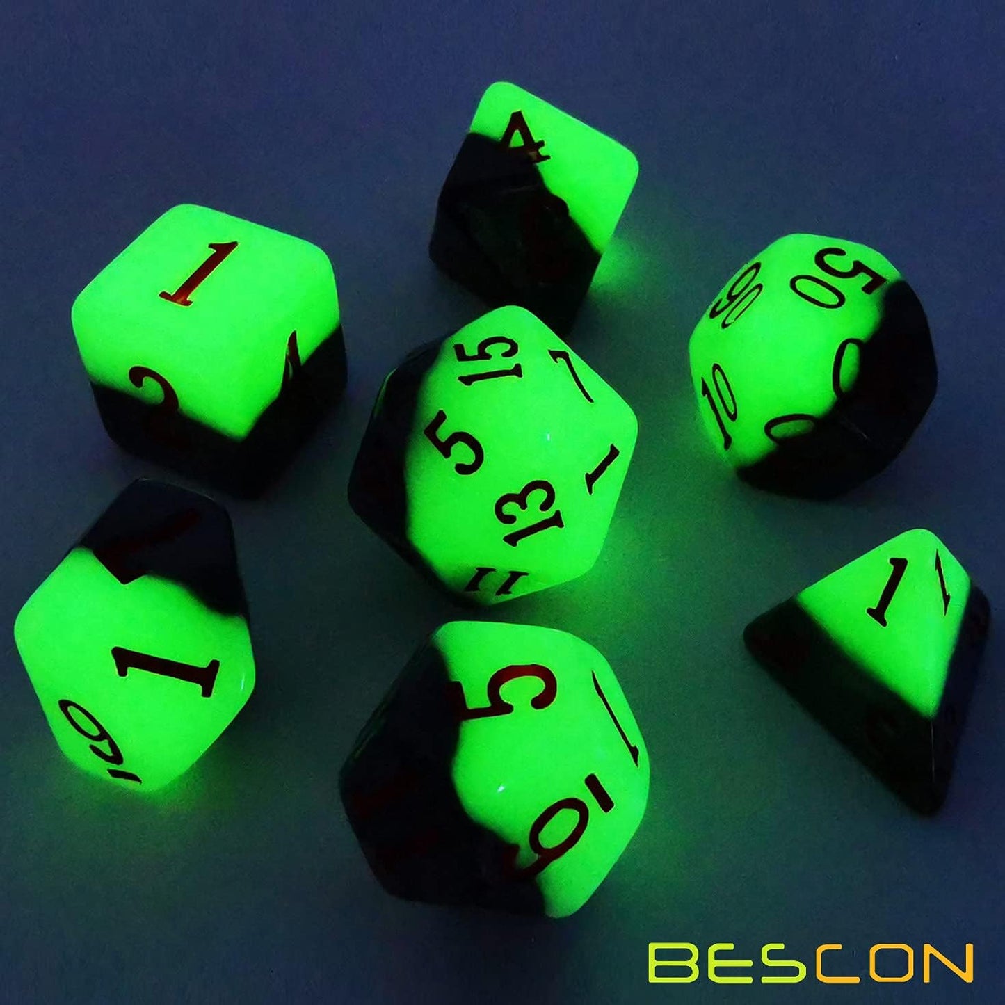 Bescon Two-Tone Glowing Polyhedral Dice 7pcs Set Green Dawn, Luminous RPG Dice Set d4 d6 d8 d10 d12 d20 d%, Brick Box Packaging